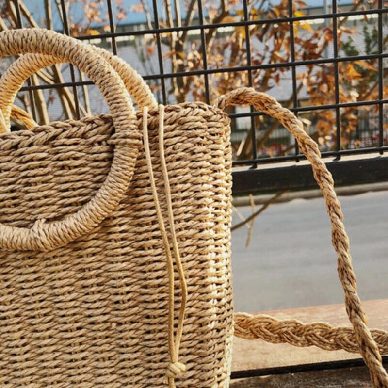 Bolsa de vime feminina feita à mão, bolsa de palha de vime
