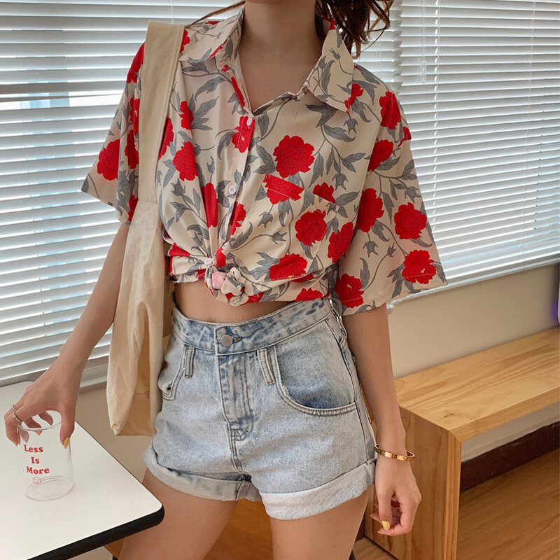 COIGARSAM Big Rose Flower Print Shirt Womens tops Summer Short Sleeve Women shirts C33