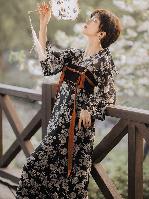Vestido chinês hanfu preto e branco, vestido de impressão retrô, elementos da china, vestido cosplay feminino, saia longuette, verão, roupas da china