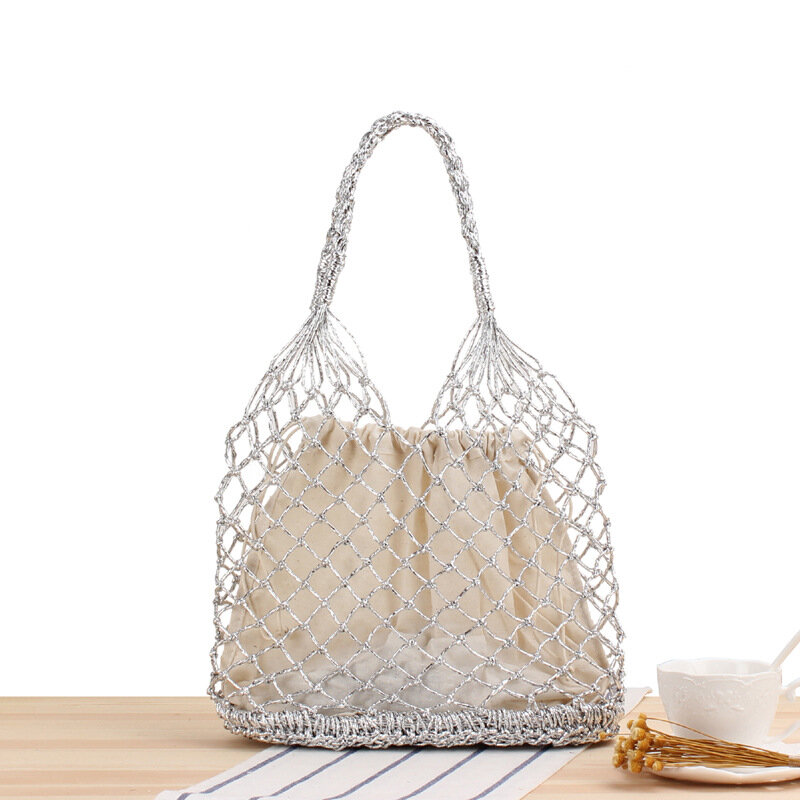 28x35CM Ins New Pure Color Gold And Silver Thread Hand Crochet Bag Trend Female Natural Style Handbag Straw Bag Beach Bag a7158