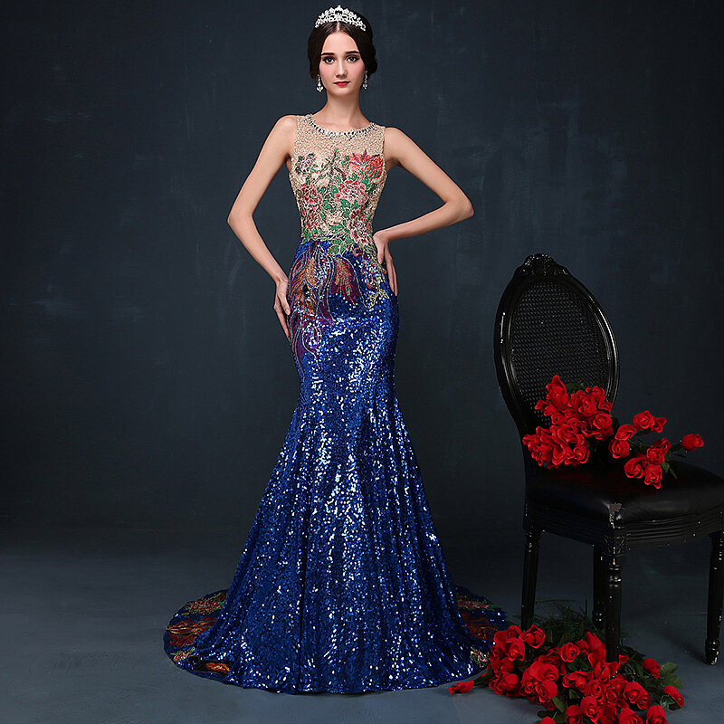 Luxury Sequins Beading Crystal Mermaid Evening Dress Custom Made Elegant Blue Red Formal Evening Gowns Maternity Dresses Robes