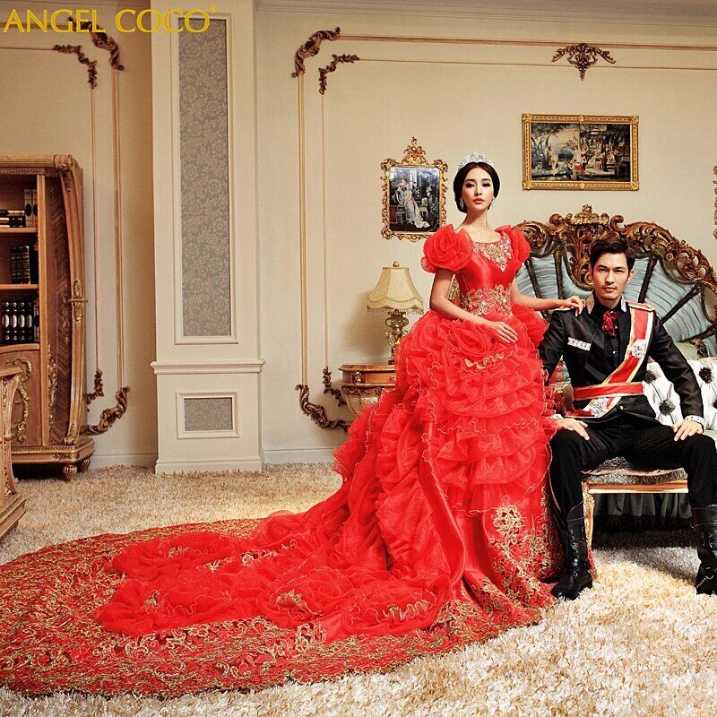 Luksusowy królewski kryształ Rhinestone czerwona księżniczka ciąża Puffy 3D kwiat macierzyński sukienka elegancka panna młoda suknia dla ciężarnych