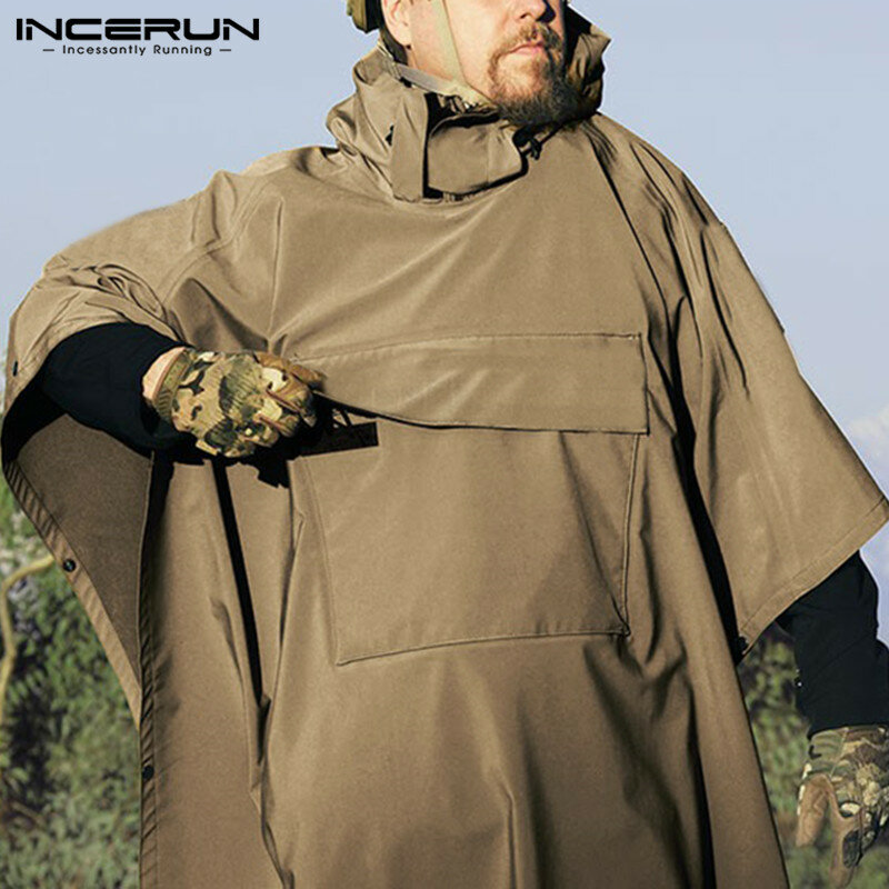 INCERUN Men Solid Trench Quick Dry Hooded Loose Ponchos Pockets Casual Outdoor Cloak Men Irregular Coats Not Raincoats S-5XL