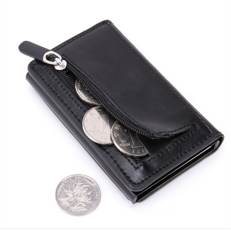 Bycobecy-tarjetero de fibra de carbono con nombre personalizado para hombre, billetera de cuero con cremallera, caja de aluminio, billetera inteligente antirrobo RFID