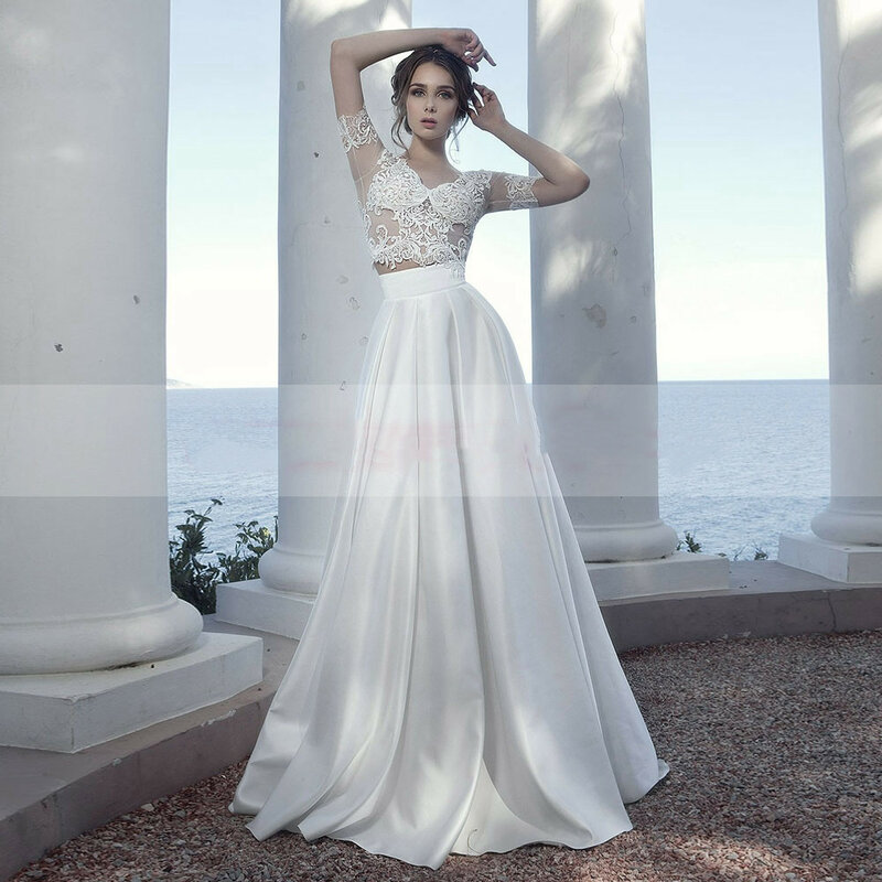 Modern Short Sleeve Wedding Dresses for Women Applique V-Neck Sweep Train Strapless White Bridal Gown Floor-Length Vestido Novia