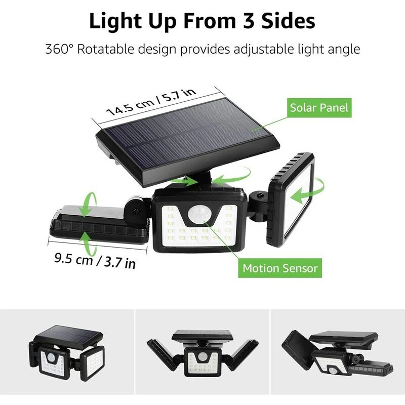 야외 태양광 동작 감지 센서등, 3 단계 밝기 조절 LED 투광 조명, 270 도 광각 보안 램프