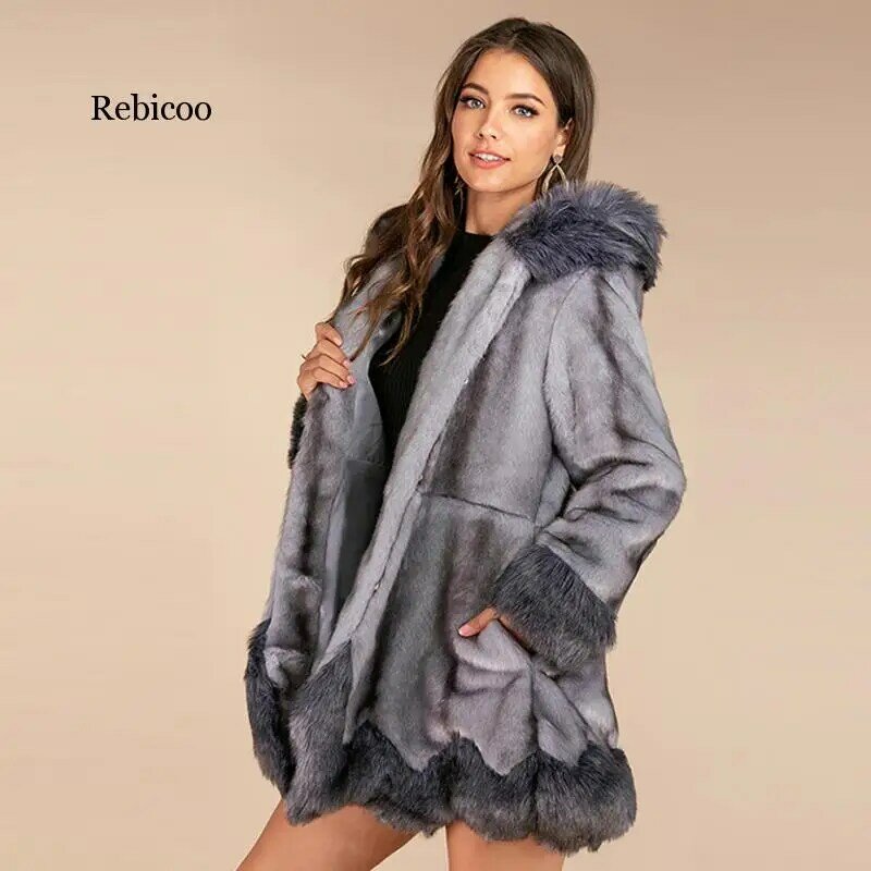 Элегантное пушистое пальто из искусственного меха, женская меховая куртка с капюшоном, серая плотная зимняя пушистая Меховая куртка, верхняя одежда, пальто, женская одежда