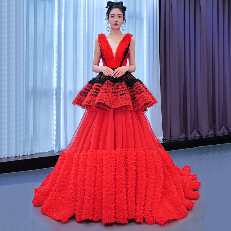 Robe de maternité de luxe pour femmes enceintes, tenue de soirée sirène rouge, col en v, grande taille, robe de bal de célébrité
