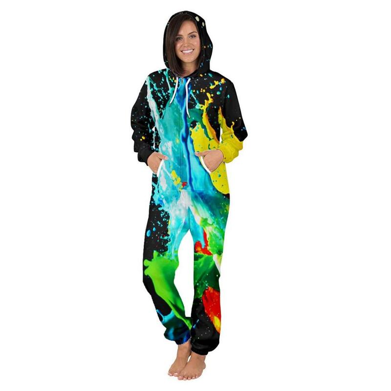Combinaison pyjama à capuche pour femmes, imprimé 3D, fermeture éclair, manches longues, grande taille, vêtements de nuit, salopette, automne