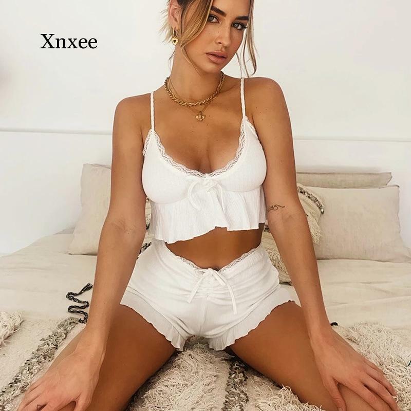 Set di due pezzi da donna Sexy con volant Y2K pizzo increspato cinturino per Spaghetti corsetto a costine Top corto elastico bianco pantaloncini caldi 2021