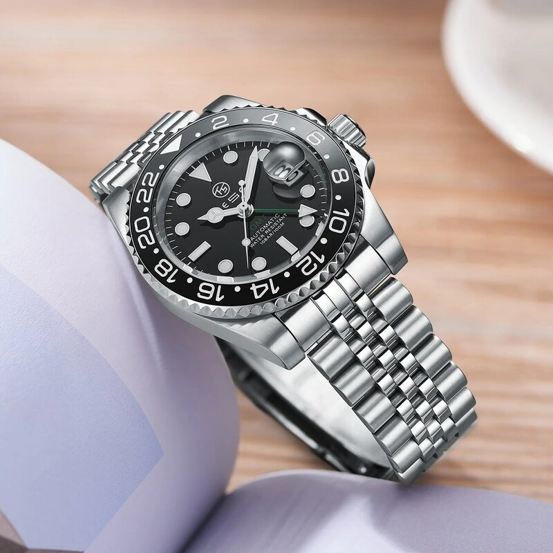 Tesenデザイントップブランドサファイアガラス機械式時計リロイhombre高級メンズ自動腕時計ステンレス鋼gmt腕時計