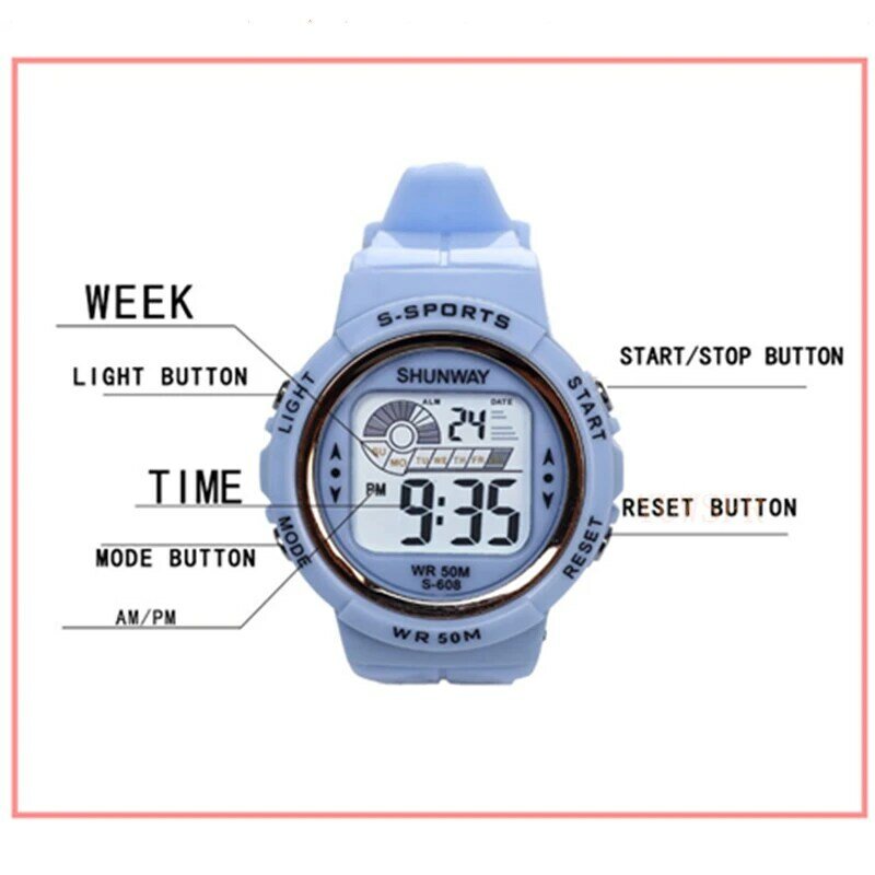 Kinder LED Elektronische Uhr Sport Schwimmen 5Bar Wasserdichte Digitale Uhren 3 ~ 12 Jahre Alt Cute Baby Elektronische Uhr Geschenk 608