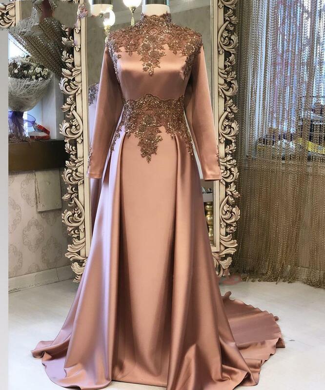 Elegante Braun Dubai Arabisch Muslimischen Long Sleeves Abendkleider Perlen Spitze Appliques Formale Prom Party Kleider robes de soirée