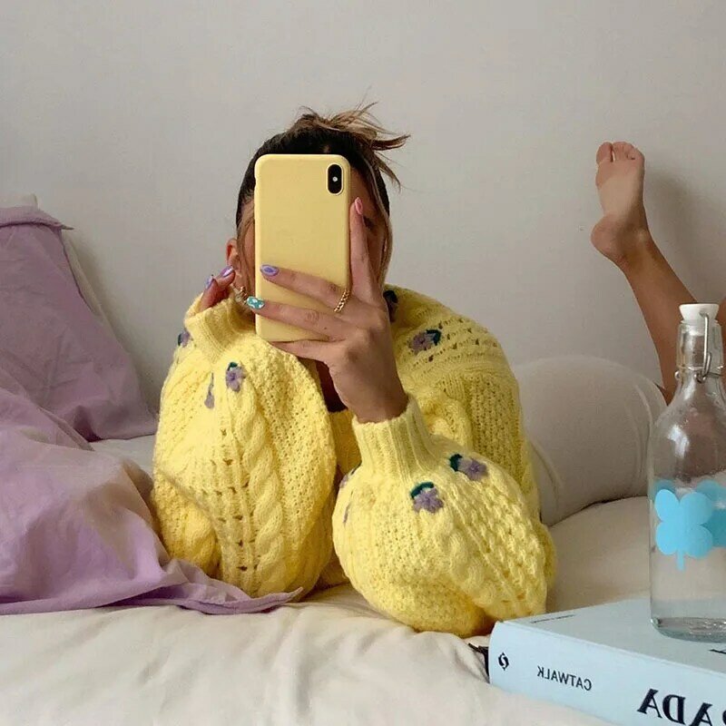 Женский Укороченный трикотажный свитер HEYounGIRL с цветочным принтом, милые Джемперы желтого цвета с длинным рукавом, Женский шикарный пуловер...