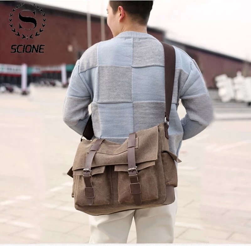 Scione-حقيبة قماشية كلاسيكية للرجال ، حقيبة كتف غير رسمية للرجال ، حقيبة سفر سوداء