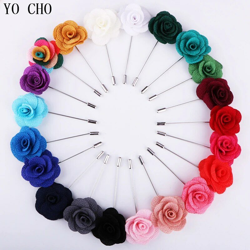 YO CHO Wedding Silk Boutonniere Groom Brooch Pins Buttonhole Groomsmen Boutonniere Artificial Rose Flower Prom Party Accessories