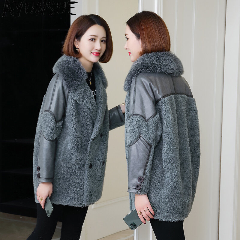 Ayunsua jaqueta feminina de pele de ovelha, casaco de inverno 2020 de lã real para mulheres, camurça e couro manteau femme