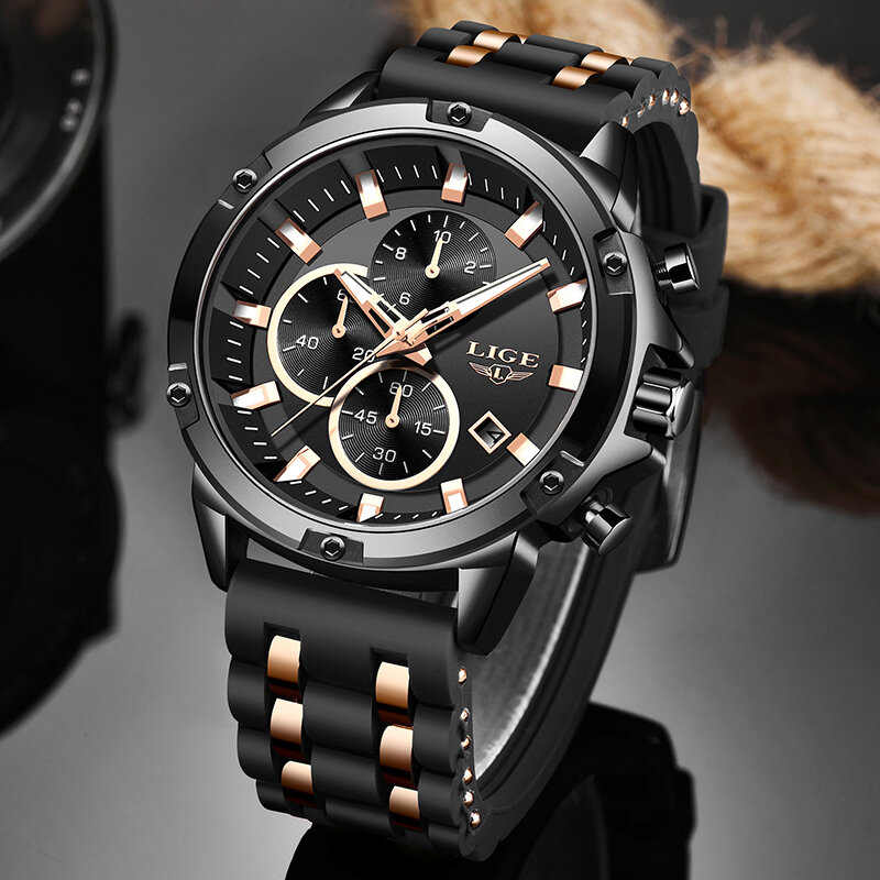 นาฬิกาผู้ชาย Lige สีดำธุรกิจคลาสสิกบุรุษยอดนาฬิกาแบรนด์หรูชายสายซิลิโคนกันน้ำกีฬานาฬิกาโครโนกราฟ