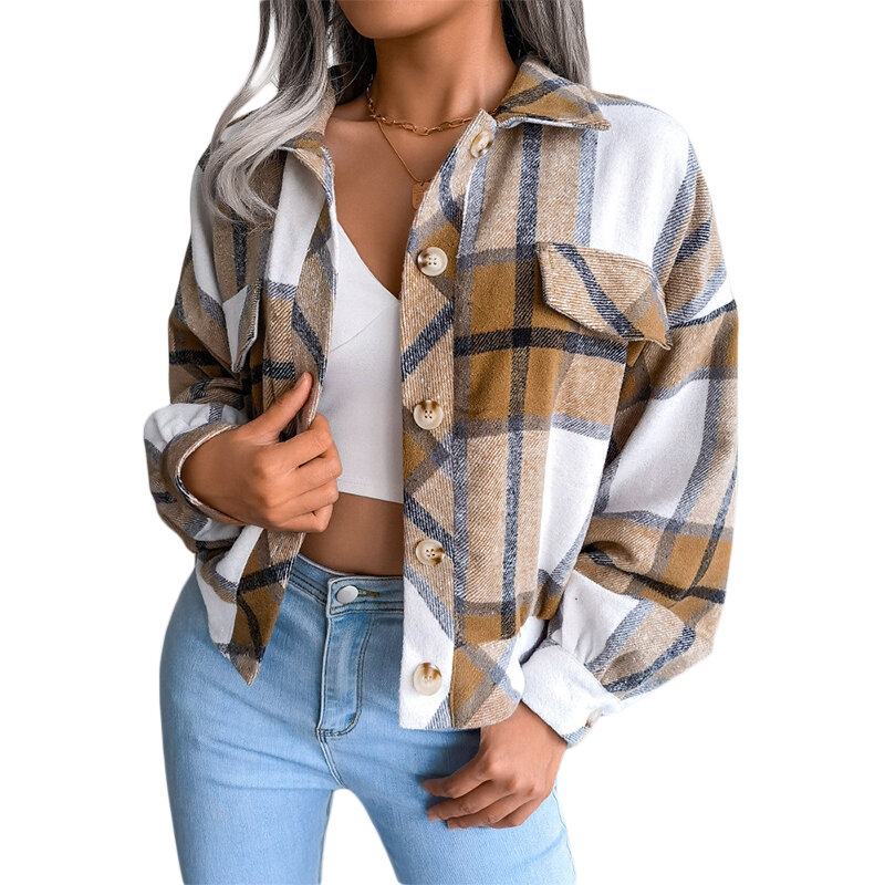 Frauen Plaid Wolle Jacke, Erwachsene Taste-unten Farbe Block Laterne Hülse Revers Strickjacke