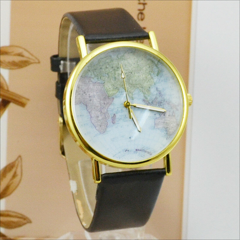 무료 Shiping Womage 패션 디자인 미니 세계지도 시계 가죽 밴드 쿼츠 시계 숙녀 레오파드 시계 라운드 여성 시계