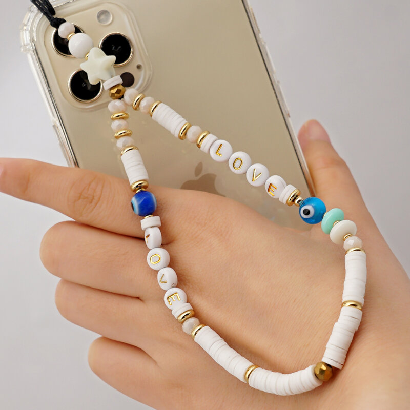 Go2Boho-Bracelet de téléphone en perles de charme, bijoux de téléphone, lanière mobile mauvais œil, argile polymère, lettre d'amour, Heishi