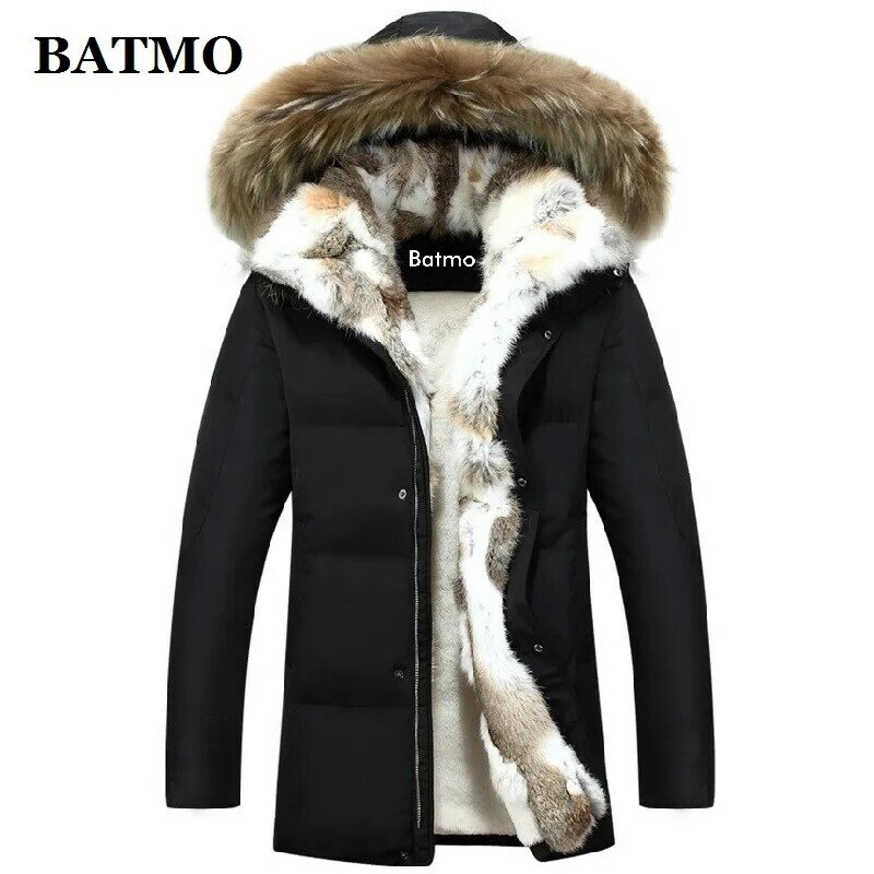 BATMO 2024 kedatangan baru musim dingin kelinci bulu kerah 80% putih bebek bawah jaket berkerudung pria, ukuran S-5XL