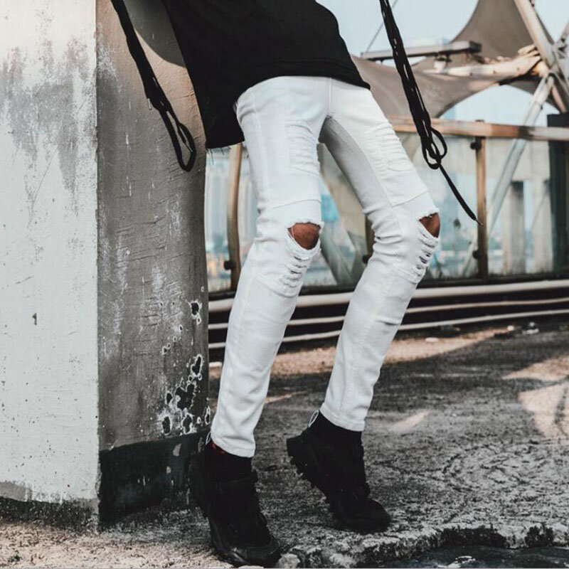 Pantalones vaqueros blancos elásticos para Hombre, Jeans rasgados de algodón, estilo Hip hop, para primavera y otoño, 2021