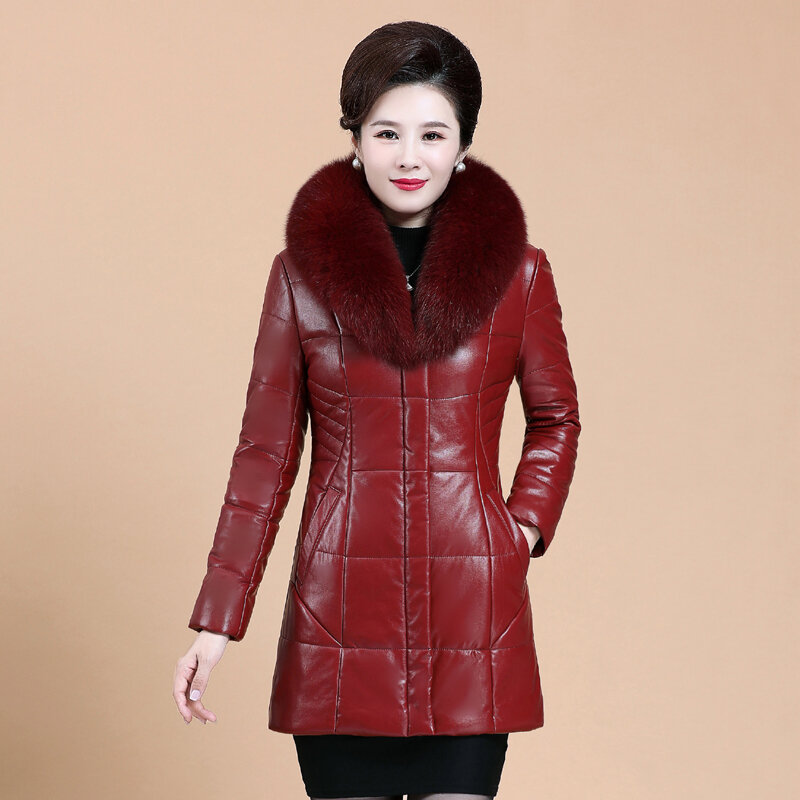 L-8XL 어머니 엎질러진 가죽 코트 년 겨울 새로운 패션 여성 외투 인조 모피 칼라 양피 상의 재킷 두껍게 하다 따뜻한 긴 겉옷 여자 플러스 크기