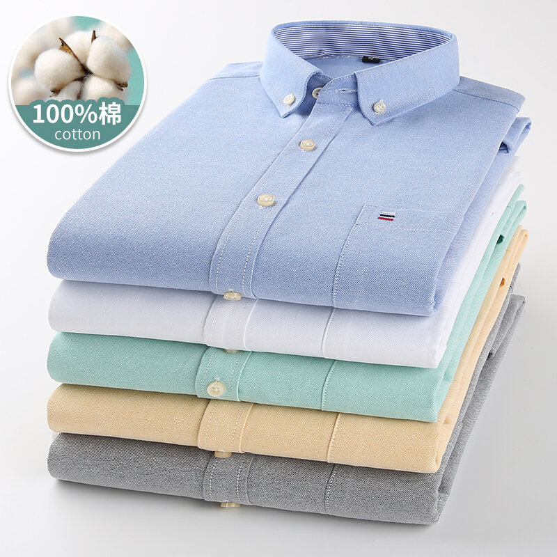 Camisas Oxford listradas de manga comprida masculina, 100% algodão, xadrez, monocromáticas, casual, uso diário, de negócios
