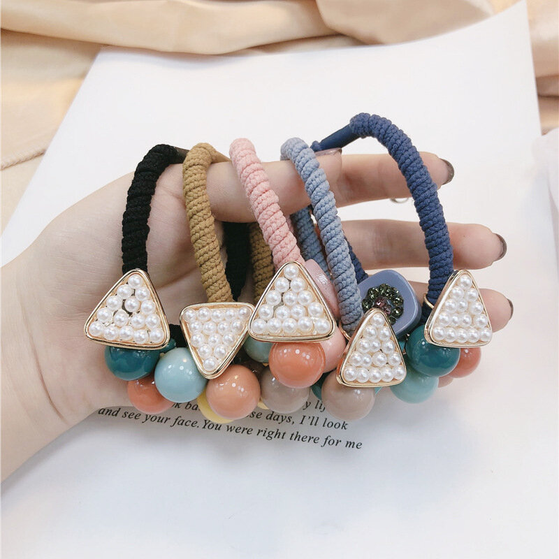 The New Ball Triangle Head Rope Female Pearl Red Headdress Hair Ring Simple Tie Balls Hair Rope Hair Rubber Band Ornaments