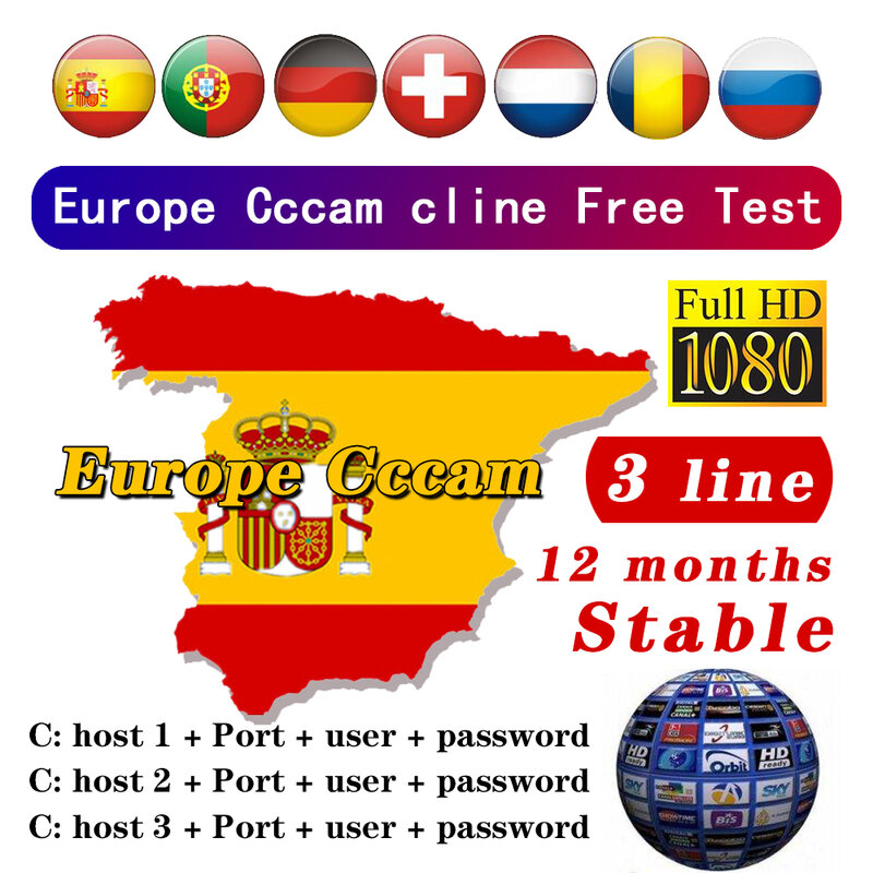 24 meses estable cccam Clines para Europa, España Portugal Alemania Polonia  receptor de tv por satélite FULL HD DVB-S2 apoyo 3 líneas Ccam / Equipos de  audio y vídeo domésticos