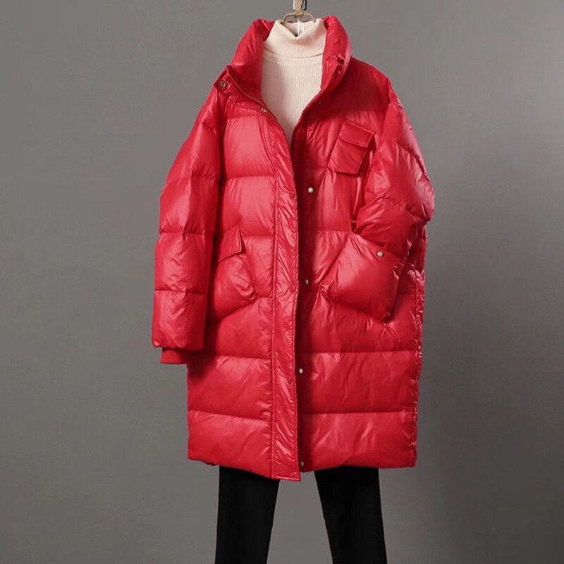 Chaqueta de plumón larga para mujer, abrigo holgado de gran tamaño, ropa de calle informal, color negro, blanco y rojo, 2022, 90%