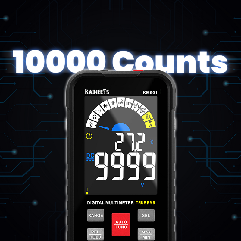 KAIWEETS – multimètre numérique KM601 à 9999 comptes, 1000v, 10a, testeur de capacité Ohm Hz, True RMS AC DC DMM