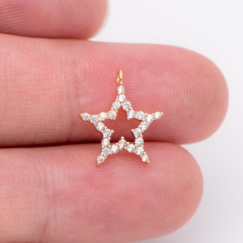 10pcs CZ Paved Star Charm Pendants 12mm, Real Gold Plated Brass, For Jewelry Making Finding Supplies (GB-1430)