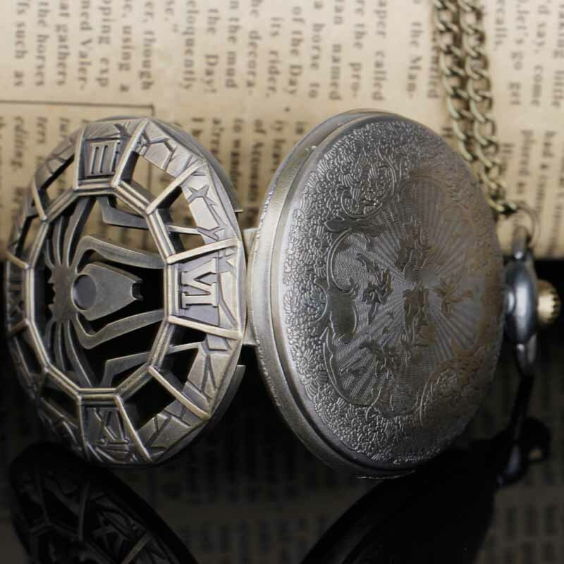 Reloj de bolsillo de cuarzo con diseño de araña hueca, collar con colgante de medio cazador, Mejores Regalos para niños, hombres y mujeres