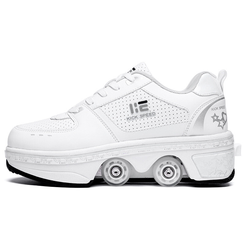 Baru Dual-Purpose Sepatu Roda Deformasi Sepatu Double Row Pelarian Sepatu Roda Meningkatkan Putih Rendah Empat Roda Melarikan Diri sepatu