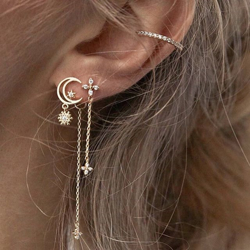 Bls 기적 빈티지 골드 번개 귀걸이 여성을위한 설정 Boho 기하학적 원형 스타 나비 크리스탈 귀걸이 여성 쥬얼리