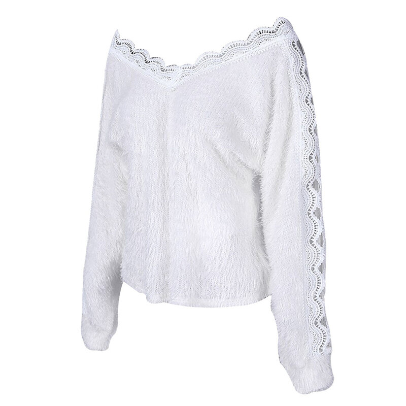 Sexy V Neck Lace Hollow Knit Sweater Autumn Winter Long Sleeve Pullover Tops Elegant Women White Jumper Pull Femme Free Shipping