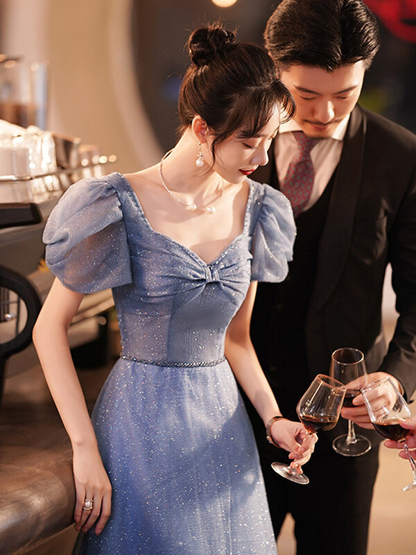 Женское вечернее платье с рукавами-фонариками, синее элегантное простое Бандажное платье на спине для выпускного вечера