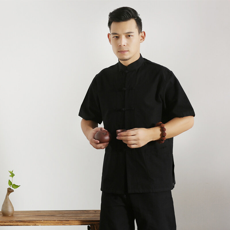 Umorden Baumwolle Tang-anzug Top Männer Sommer Kung Fu Tai Chi Uniform Hemd Bluse Kurzarm Traditionelle Chinesische Kleidung