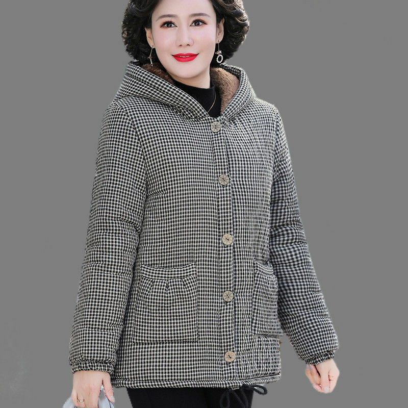 Kurtki damskie w średnim wieku starsze zimowe w nowym stylu krótkie Plus aksamitne bawełniane wyściełane parki płaszcz z kapturem kobiece znosić