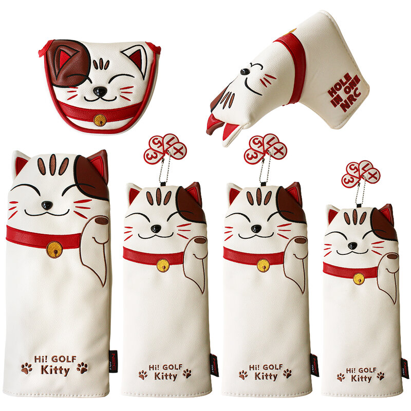 Golf Headcover Lucky Cat Golf Head Cover for Driver Fairway Hybrid Putter PU Leather Protector Magnetic Closure