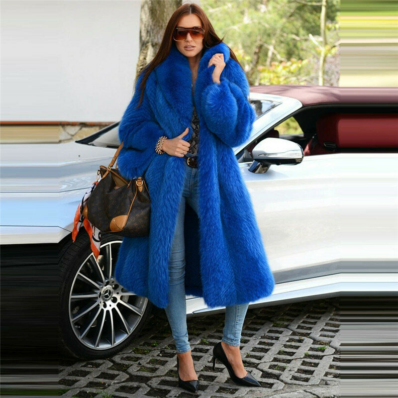 100 سنتيمتر النساء طويلة الموضة حقيقية الأزرق الثعلب الفراء معطف مع كبير التلبيب طوق الطبيعية ريال فوكس الفراء سترة معاطف الشتاء الدافئة