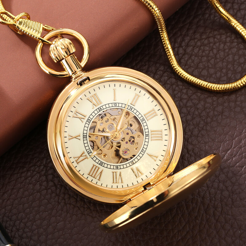 Orologio da tasca meccanico a carica automatica in rame dorato retrò elegante ciondolo di lusso orologio antico regali con catena orologio automatico da uomo