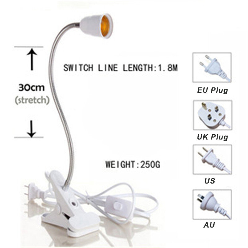 E27 Socket 1 Head Flexible Light Clip Lamp Holder With On/Off Switch   For Desk Light LED Plant Grow Bulbs Base EU/US Plug