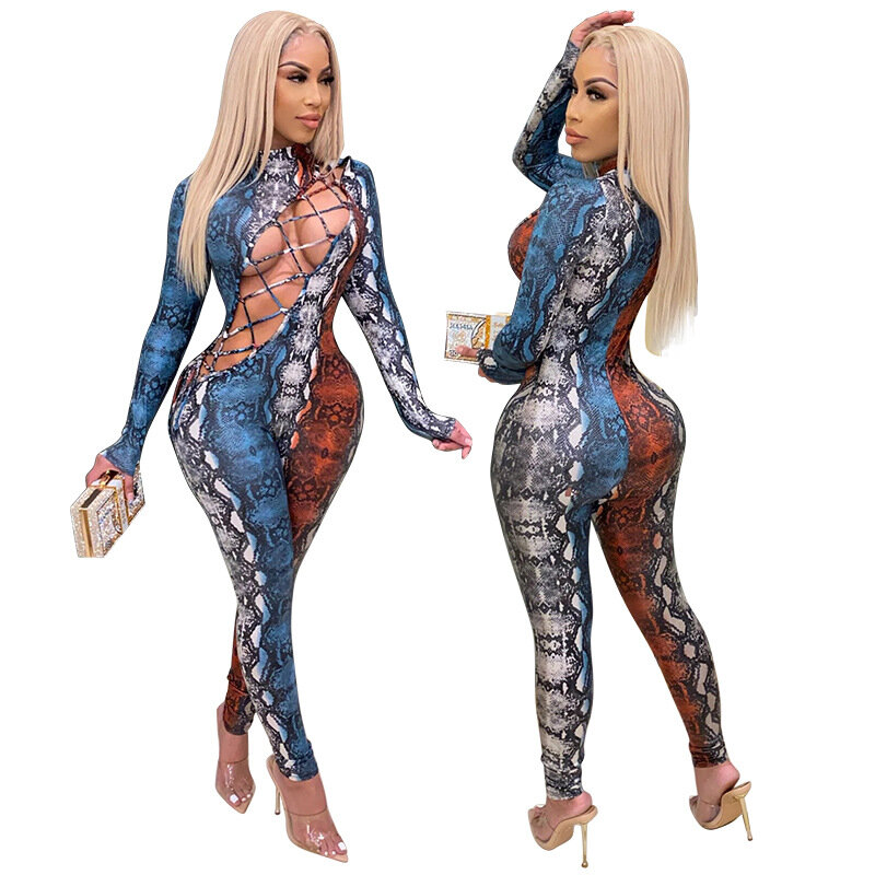 BKLD 1 Piece Jumpsuit Long Sleeve Women Snakeskin Printed Sexy Bandage Hollow Out Jumpsuit Nightclub Women Clothing 2020 New