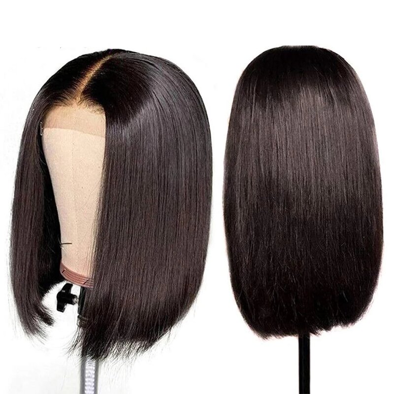 Perruque Bob Lace Front Wig naturelle malaisienne Remy, cheveux courts, base de peau, 5x5, partie libre, noir naturel