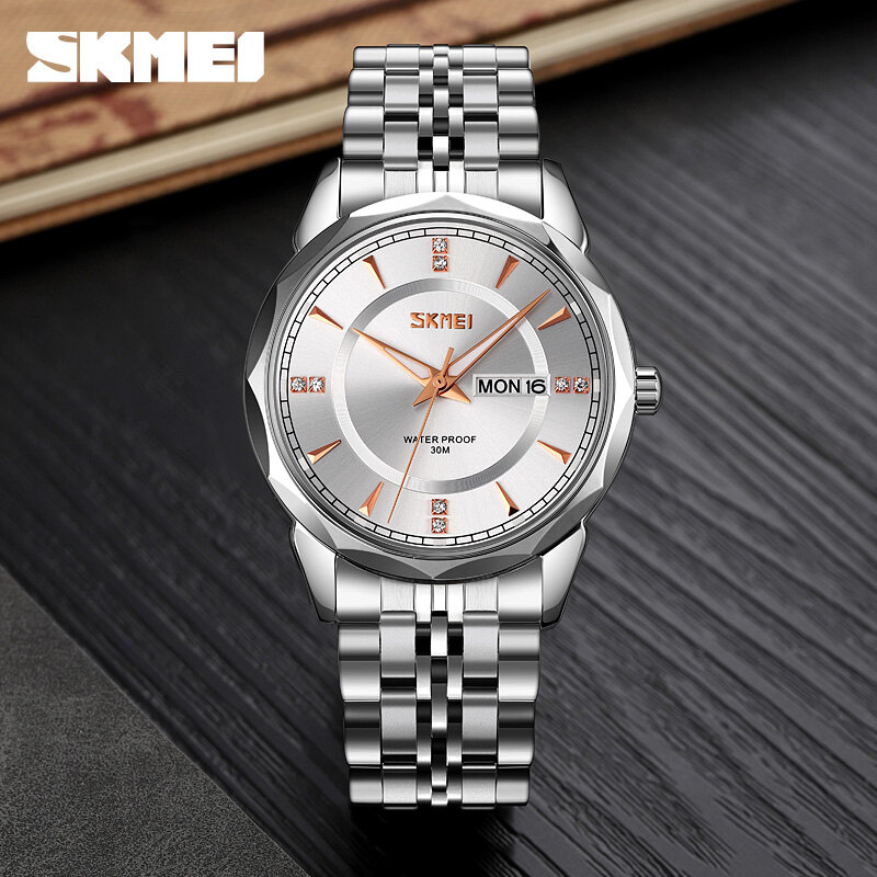 남자를위한 패션 스테인레스 스틸 쿼츠 시계 럭셔리 브랜드 SKMEI 드레스 손목 시계 주 달력 남자 시계 간단한 디자인 시간