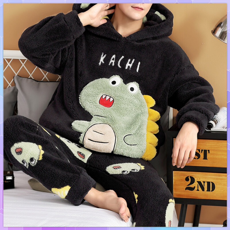 Cute Pajamas For Men Thick Plush Fleece Pajama Sets Winter  Coral Velvet Warm Flannel Clothes Home Suit Male Sleepwear Пижама