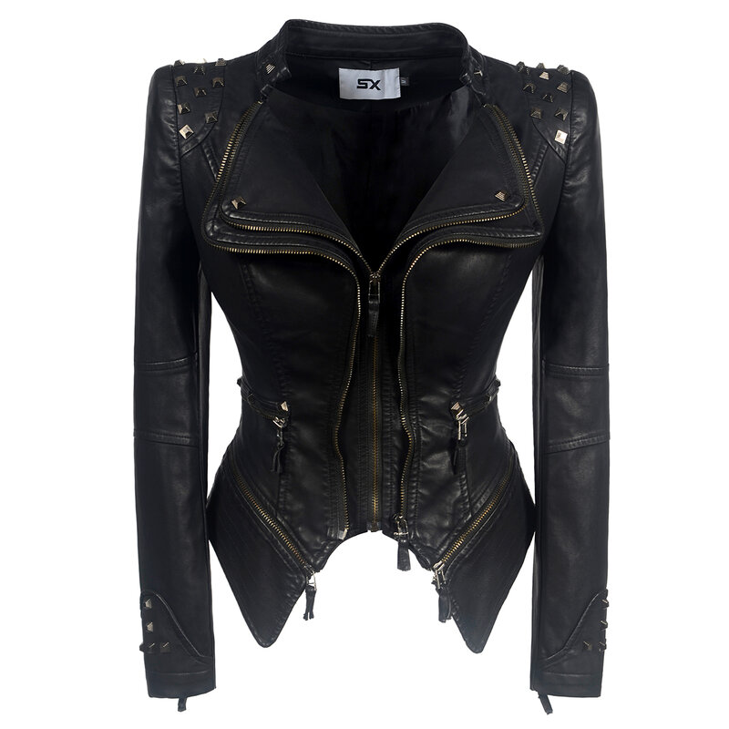 New Occident Punk Women PU Motor Jacket Female Classic Rivet Casual Coat Zipper Slim Faux Leather Short WindBreak Outerwear